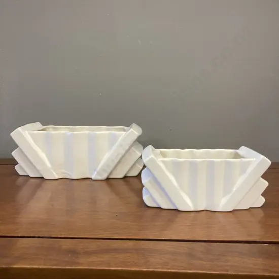 Pair of Shorter and Son Art Deco Geometric White Planters, 1920s-30s. 10 x 26 & 8 X 18cm